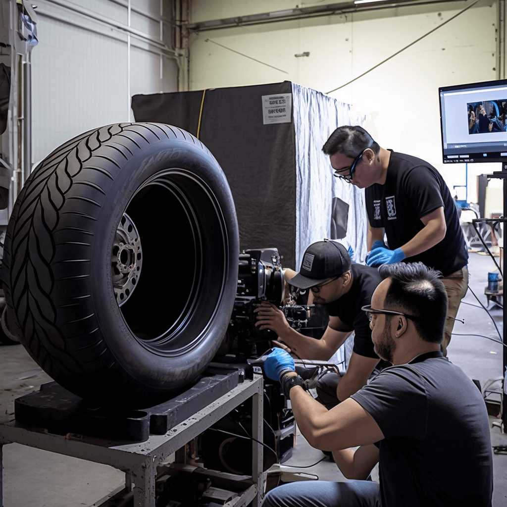 Researchers conducting accelerated aging testing on tires